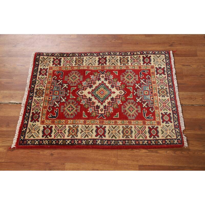 Red Geometric Kazak Accent Rug Handmade Traditional Wool Carpet - 2'0" x 3'0"