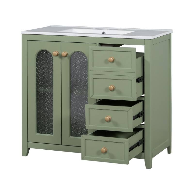30''/36'' Bathroom Vanity with Sink, 3 Drawers Bathroom Storage Cabinet with Soft-Close Glass Door and Adjustable Shelf