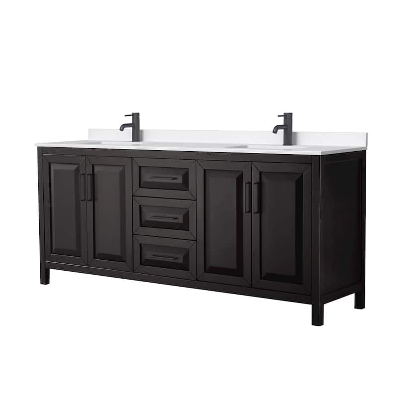 Daria 80-inch Double Vanity, Single Hole Quartz Top - Dark Espresso, Black Trim, White Quartz Top