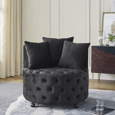 Living room velvet upholstered swivel chair with button tufted design and removable wheels, including 3 pillows