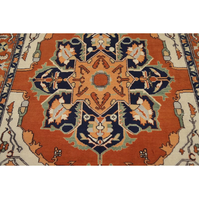 Hand Knotted Oriental 100% Wool Carpet Traditional Medallion Oranges & Rust Heriz (serapi) Area Rug - 8' 4'' X 5' 9''