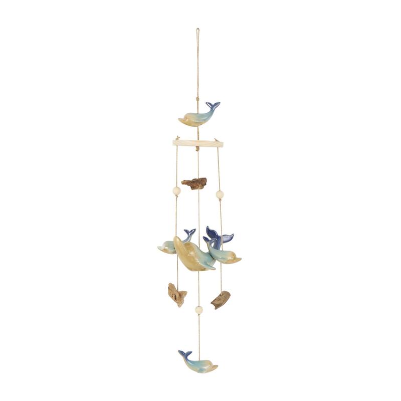 Ceramic Whale Handmade Ombre Windchime with Driftwood and Bead Accents - Blue - Roche River Decor - Blue