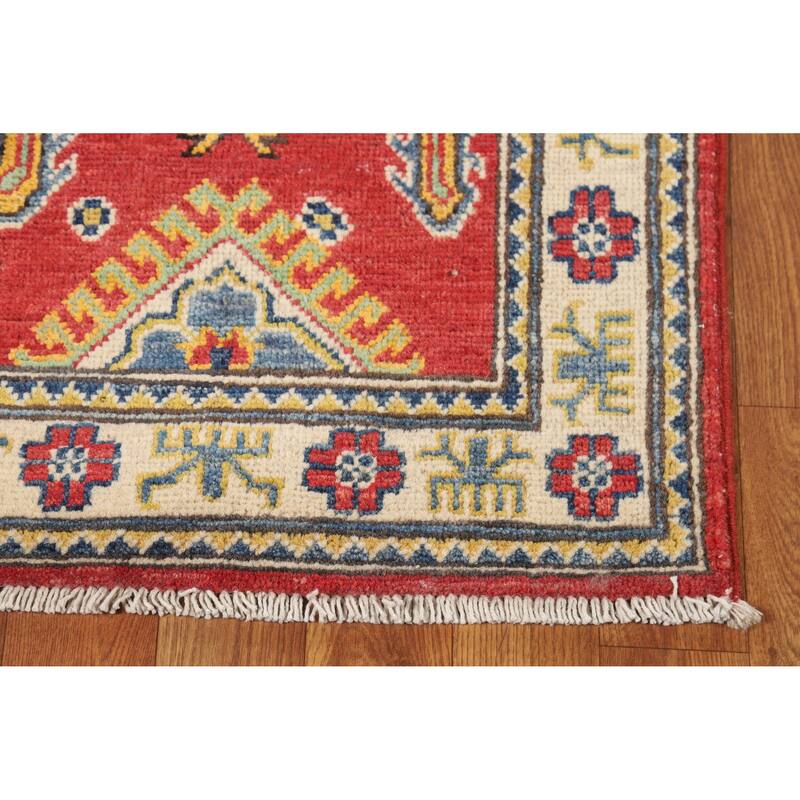 Hand Knotted Oriental 100% Wool Carpet Traditional Geometric Red Kazak Area Rug - 3' 0'' X 2' 0''