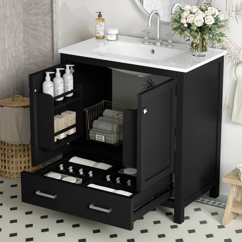 30-Inch Gray Bathroom Vanity with Ceramic Undermount Sink, Soft-Close Doors, and Adjustable Storage Compartments - Black