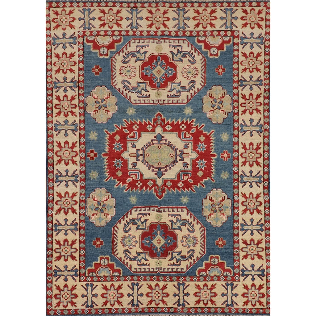 Blue Geometric Kazak Oriental Area Rug Bedroom Handmade Wool Carpet - 4'10" x 6'11"