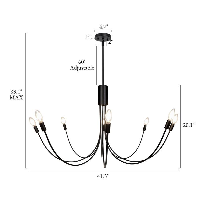 Modern Classic 8-Light Black Candle Dimmable Chandelier with Adjustable Height - 41.3" Dia. x 20.1" H