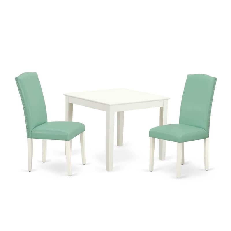 Modern 3Pc Square Dining Set - 36 Inch Table & 2 Parson Chairs - Linen White Legs, Pond Color