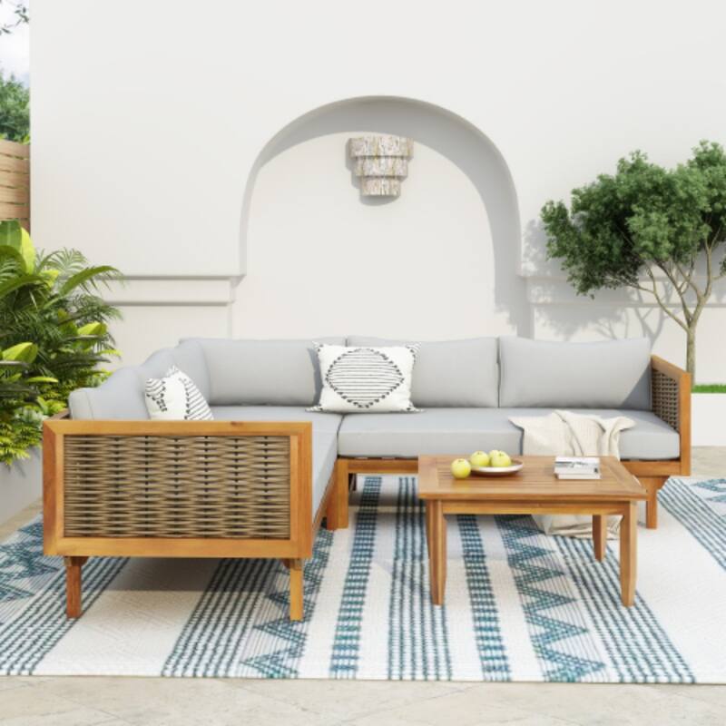 5-Seat Sectional Sofa with Waterproof Cushions & Acacia Wood Frame by Leisure Zone