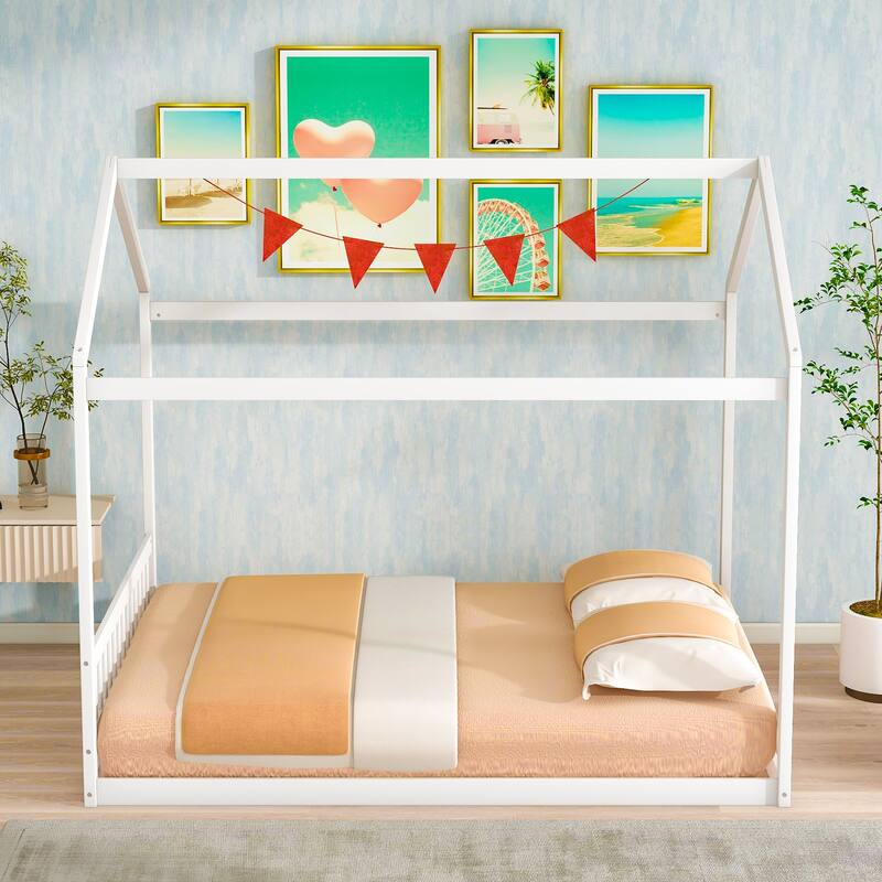 White Queen Size House-Shaped Wooden Bed with Headboard