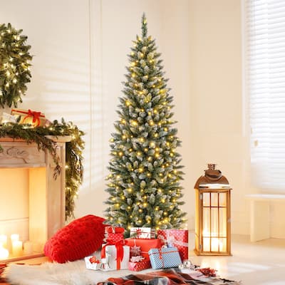 Gymax 6 FT Pre-Lit Artificial Christmas Tree Hinged Slim Pencil Xmas
