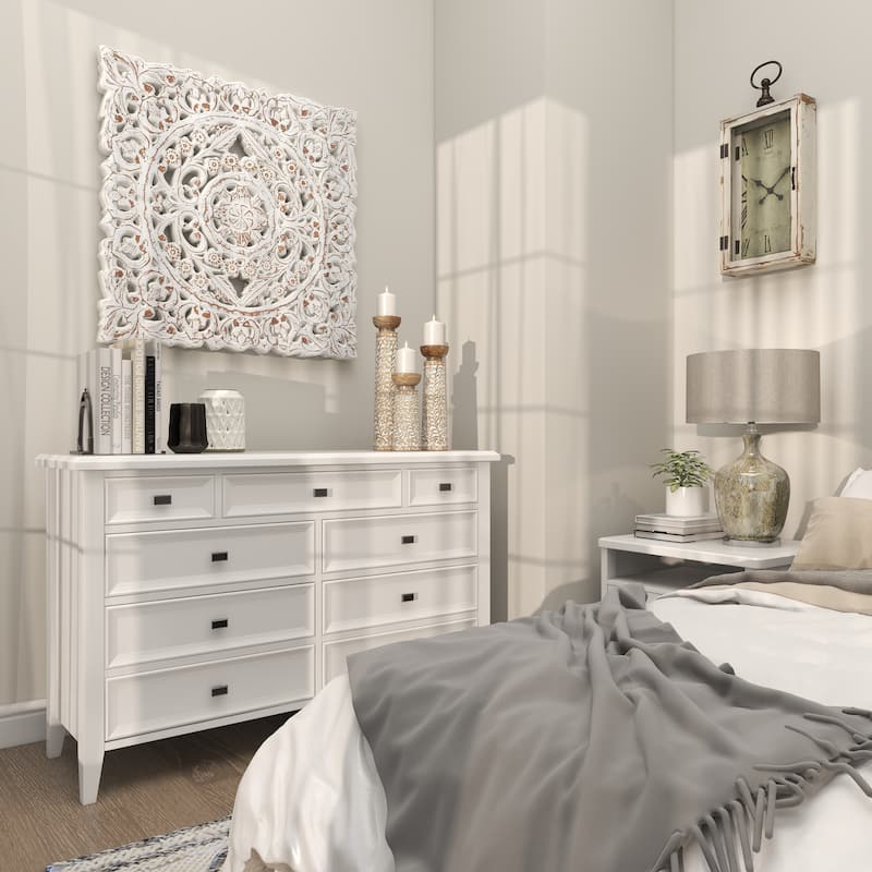 White Wooden Handmade Intricately Carved Floral Home Wall Decor with Mandala Design