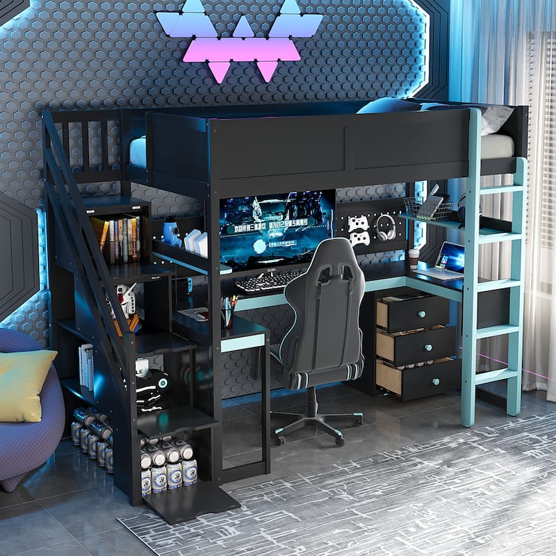 Gaming Loft Bed with Desk - Full/Twin, Includes Storage Stairs, Shelves & Pegboard