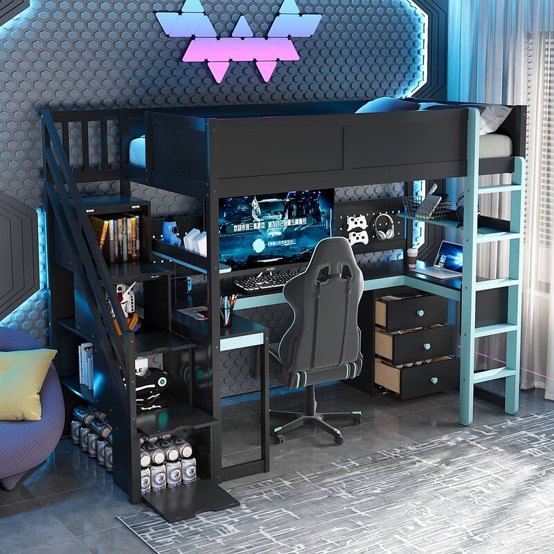 Twin Size Wooden Gaming Loft Bed with Storage Stairs, Desk, Shelves & Pegboard