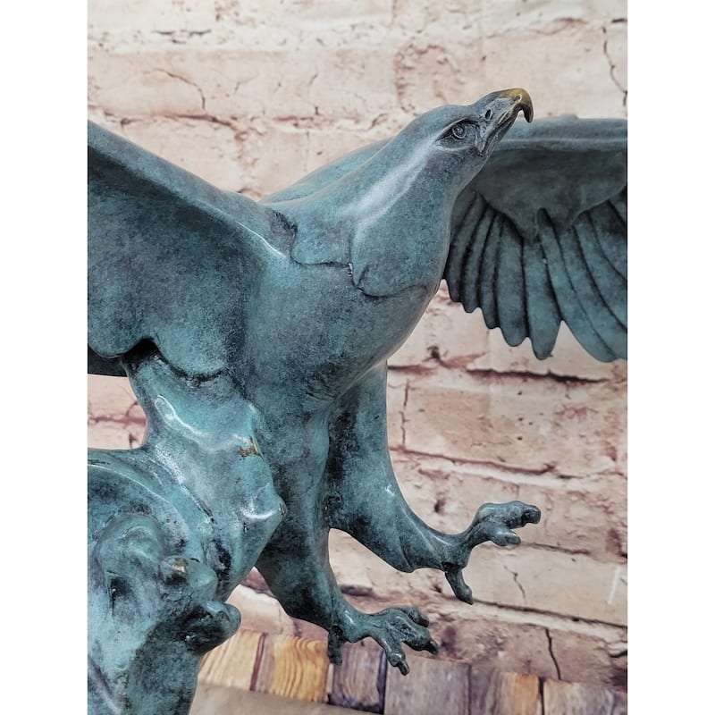 American Bald Eagle Wings Spread Green Bronze Sculpture Statue On Marble Base