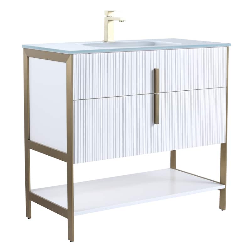 Fine Fixtures Serenity Modern Bathroom Vanity with White Glass Top - White Matte - Brass Hardware - 36 inch