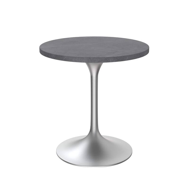 LeisureMod Verve 27" Round Dining Table with Stone TableTop and Brushed Chrome Base for Kitchen & Dining Room - Grey