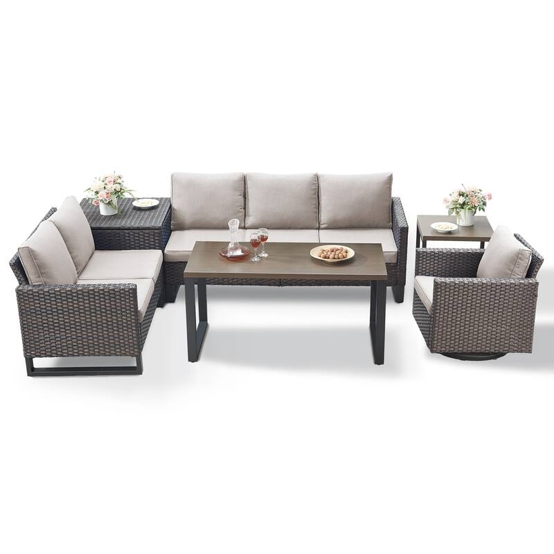 Gymojoy 6 Person Outdoor Patio Wicker Conversation Set Group With Swivel Chairs