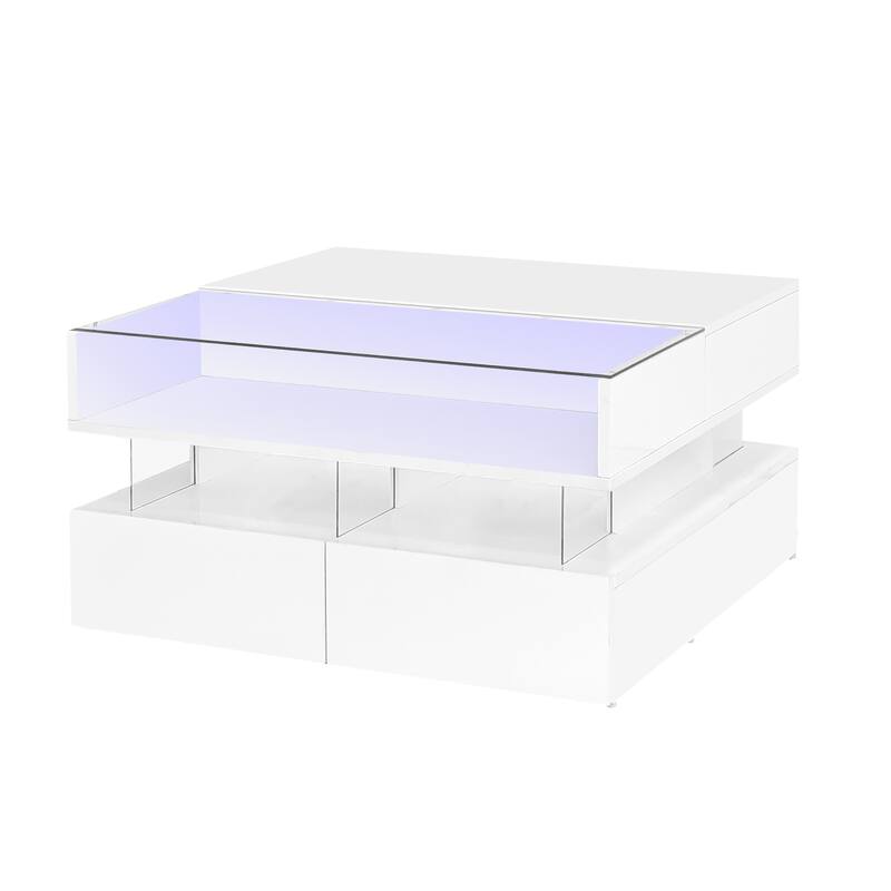 Lift-Top Coffee Table with 2 Drawers, Modern Square Center Table w/ Glass Top and High-Gloss Finish & LED Lights for Living Room