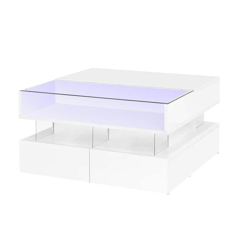 Lift-Top Coffee Table with 2 Drawers, Modern Square Coffee Table with Glass Top and High-Gloss Finish
