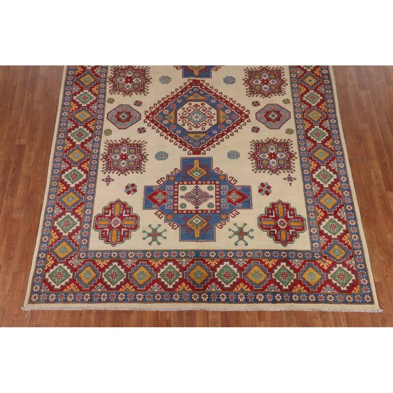 Ivory Geometric Kazak Area Rug Hand-Knotted Wool Carpet - 8'0" x 10'6"