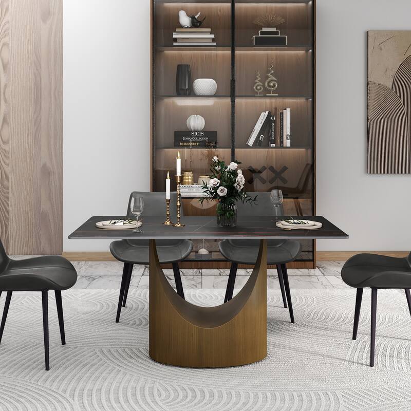 White 55 Inch Sintered Stone Kitchen Table with Solid Carbon Steel Base, Minimalist Sintered Stone Tabletop for Dining Room
