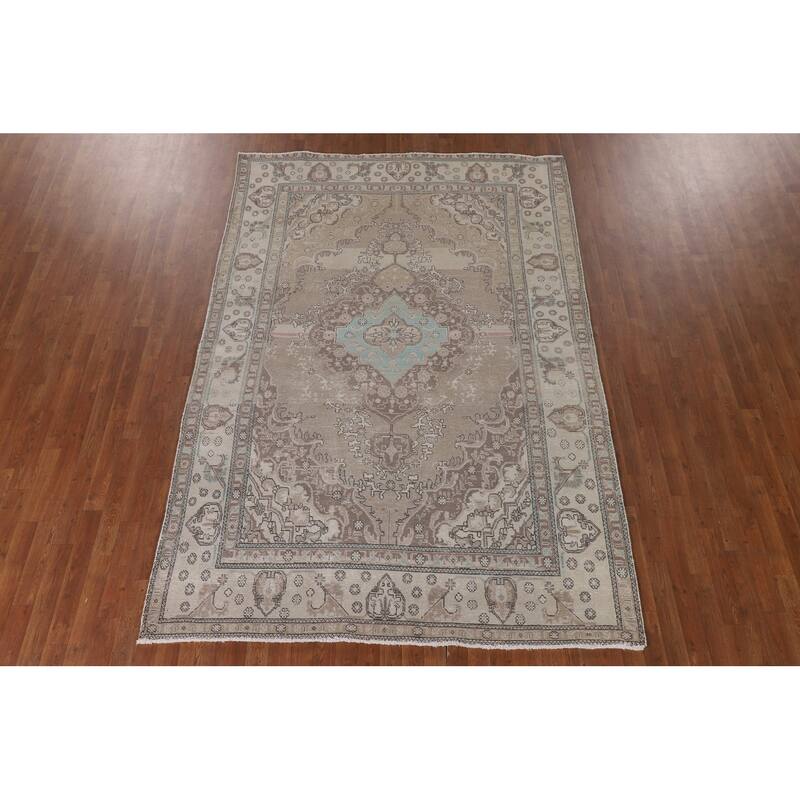 Distressed Beige Tabriz Persian Vintage Rug Handmade Wool Carpet - 6'5"x 9'7"