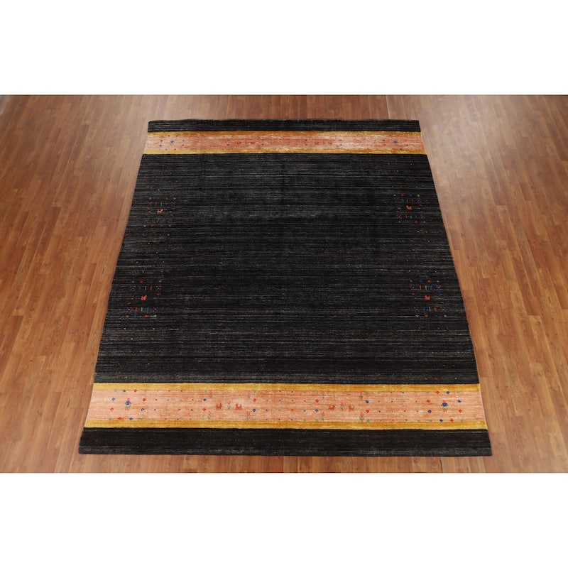 Striped Black Gabbeh Oriental Area Rug Hand-Knotted Silk Carpet - 8'2" x 9'8"