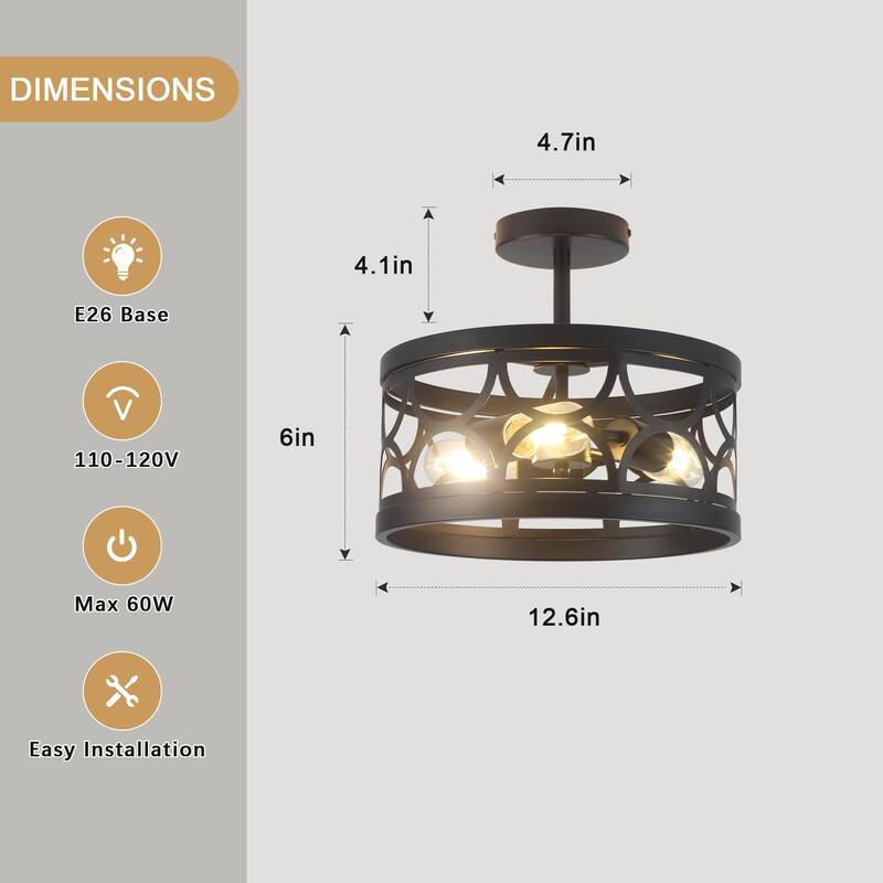 3-Light Metal Hanging Semi-Flush Mount Light Ceiling Light for Kitchen Island