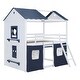 preview thumbnail 5 of 16, Full Size House Kids Bunk Bed with Windows Sills and Tent, Blue+White