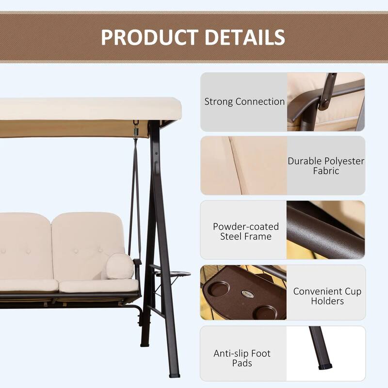 3-Seat Patio Swing Chair, Adjustable Canopy, Side Trays, Comfort Set