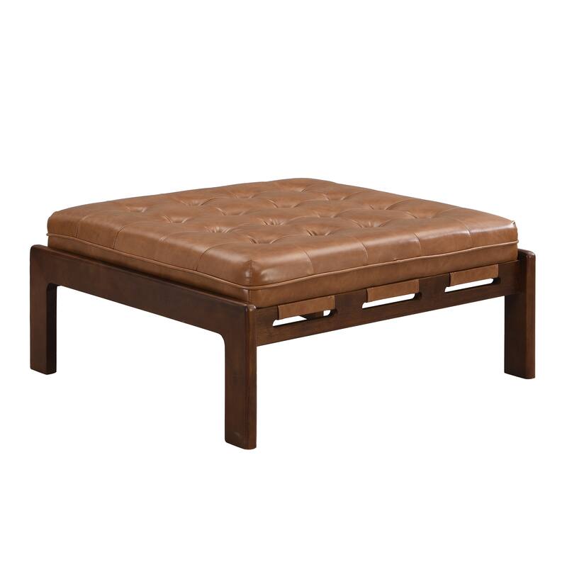 Christopher Knight Home - 34'' Tufted Upholstered Cocktail Ottoman, Square Leather Ottoman Coffee Table with Rubber Wood Frame