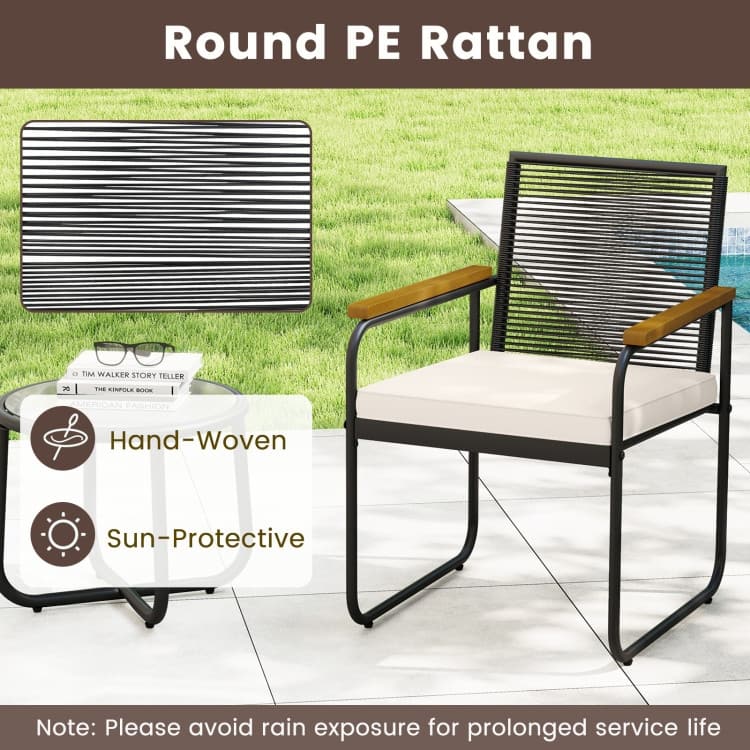 Black PE Rattan Metal 3-Piece Patio Bistro Set with Off-White Cushions and Glass Table - Table: 18" × 15"