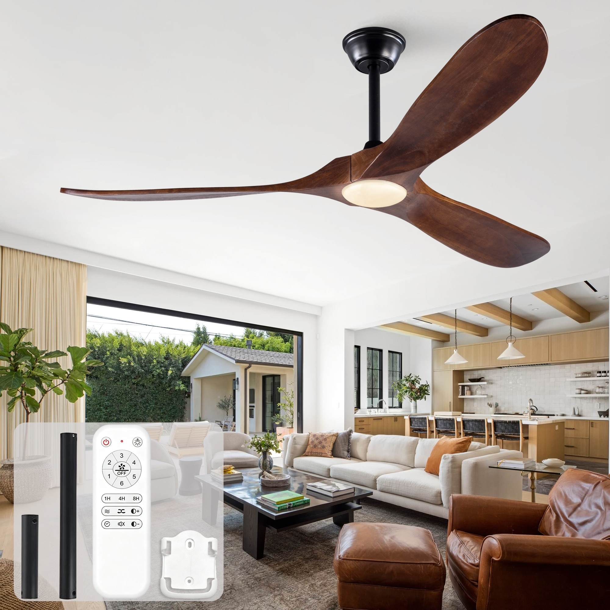 60"Ceiling Fan With Lights And Remote Control, 3 Solid Wood Blades, 3cct, Power-Off Memory Function, Six-Speed Reversible Fan