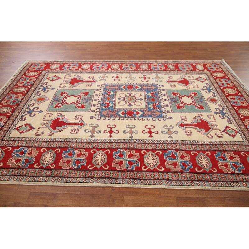 Hand Knotted Oriental 100% Wool Carpet Traditional Geometric Beige & Ivories Kazak Area Rug - 9' 8'' X 6' 6''