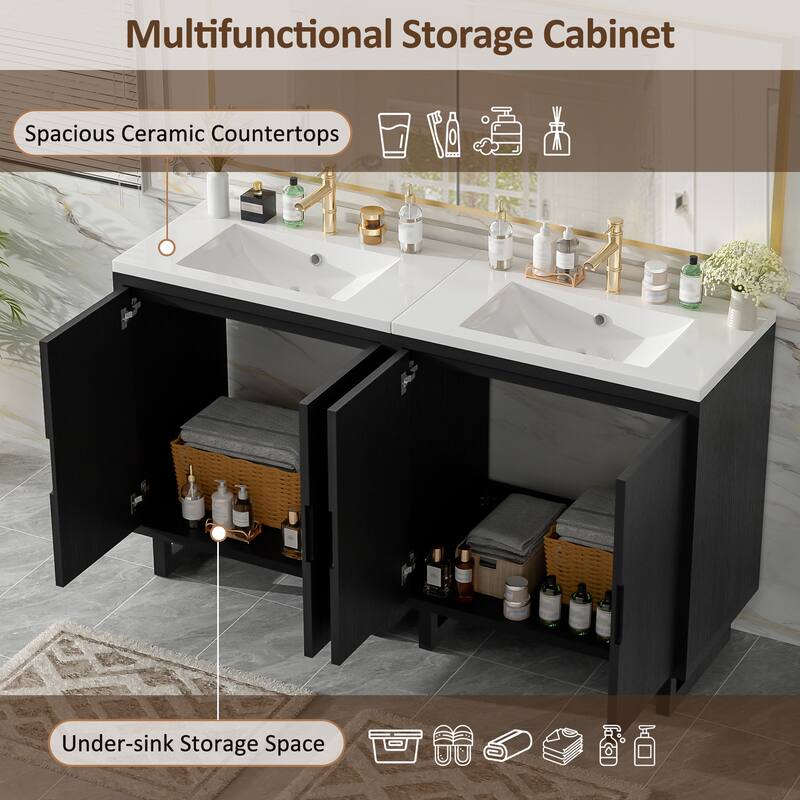 2-Piece Bathroom Vanity Set with Resin Sink, Freestanding Double Sink Bathroom Storage Cabinet, Solid Wood Frame