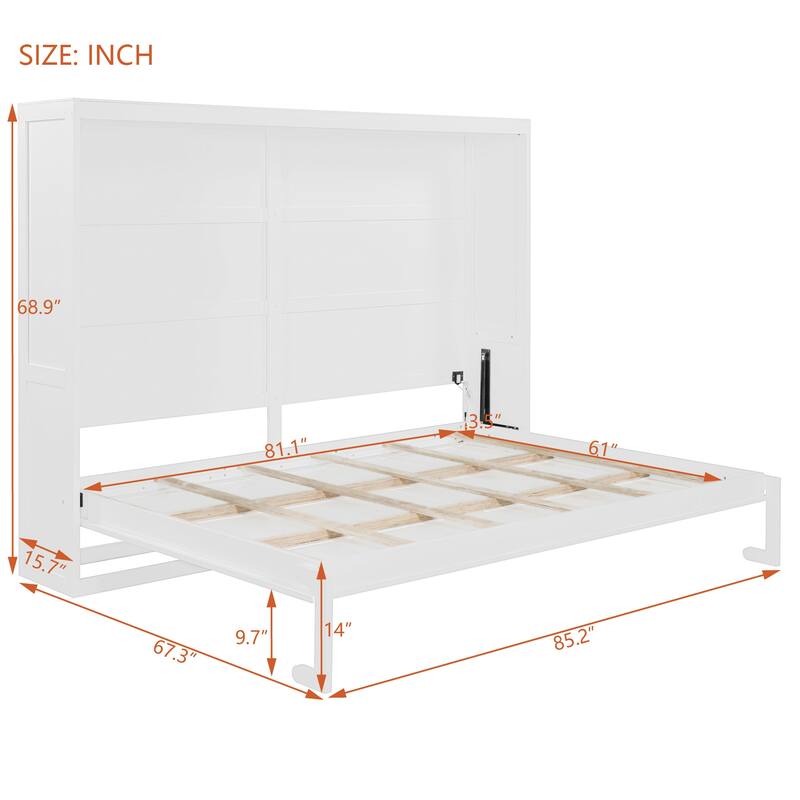 Queen Size Murphy Wall Bed with LED Lights, Folding Cabinet Design and Slatted Mattress Support