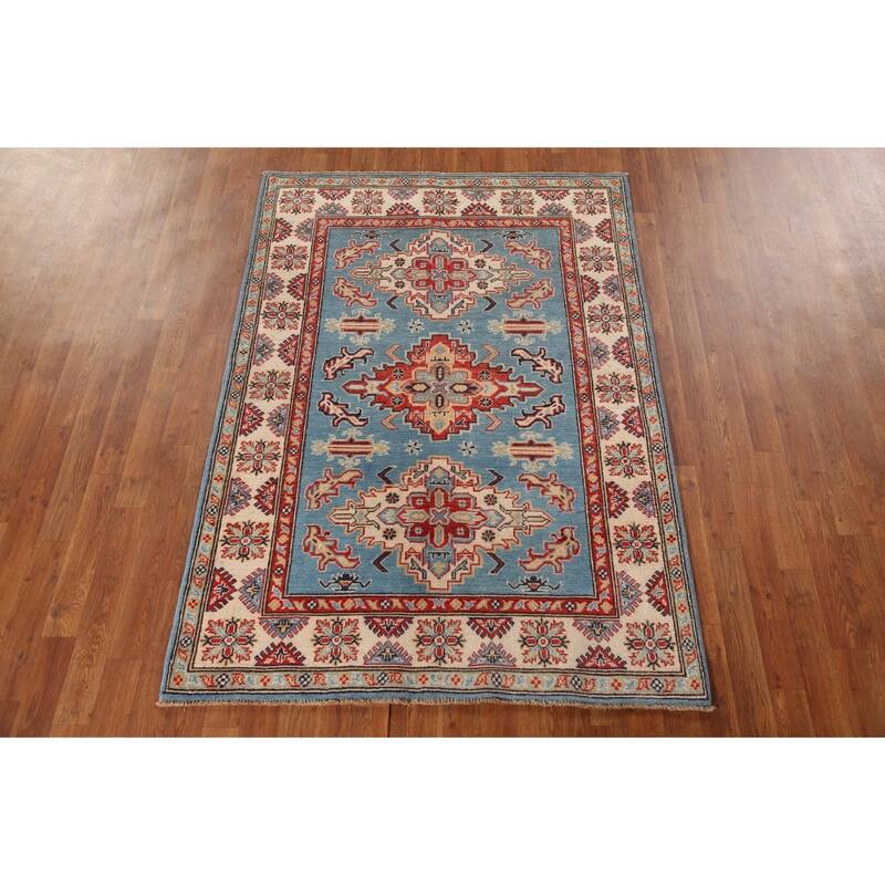 Light Blue Kazak Oriental Area Rug Hand-Knotted Wool Carpet - 4'1"x 6'0"