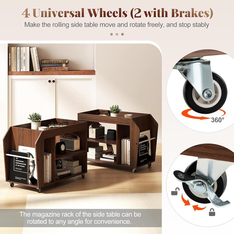 3-Tier Side Table Rolling End Table w/ Magazine Rack & Open Shelves