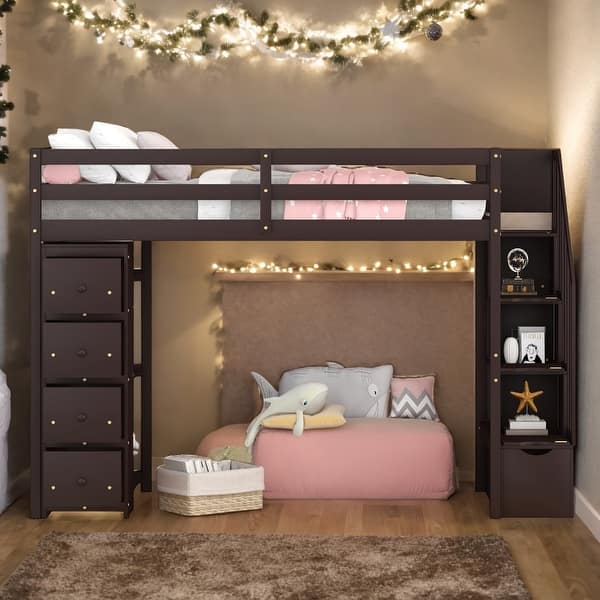 slide 2 of 9, Modern Twin Size Loft Bed With 4 Storage Drawers,Shelves and Stairs,Solid Construction Espresso