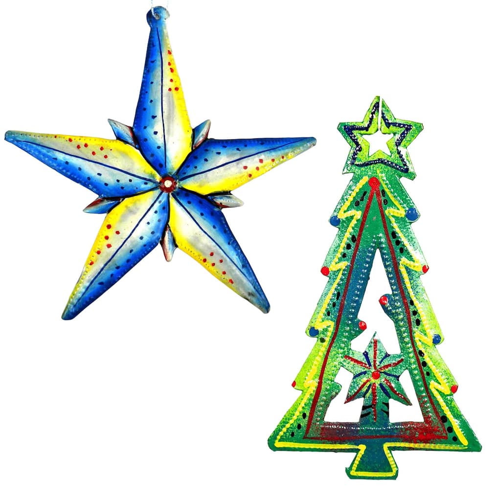 Bright Star and Christmas Tree Haitian Metal Drum Ornaments, Set of 2 - N/A