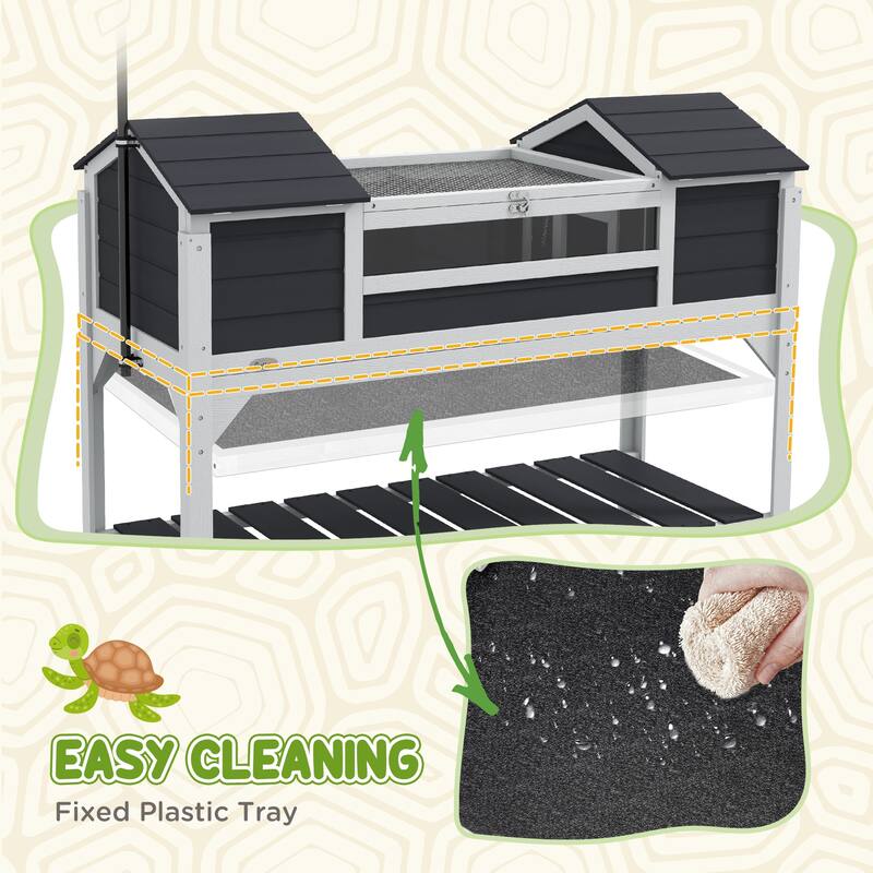 PawHut Tortoise Habitat with Adjustable Lamp Holder, Wooden Tortoise Enclosure with Storage Shelf, Dual Main Houses