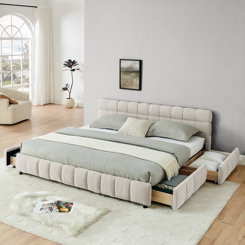 Block Thick Chenille Low Profile Platform Bed Fabric Upholstered Bedframe with Headboard Solid Wood Frame - Optional Storage Bed - Beige with Drawers - King