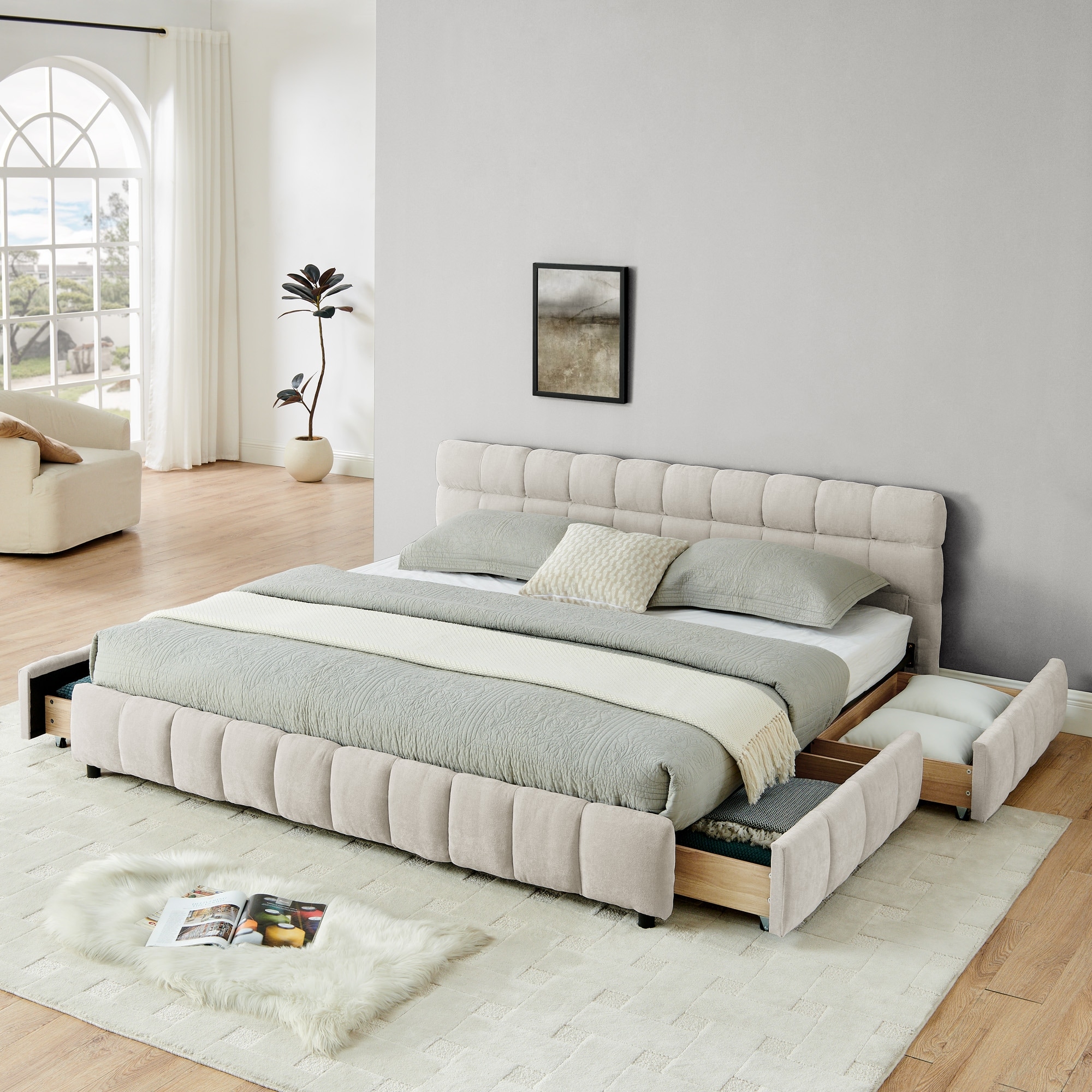 Roomfitters King Upholstered Platform Bed with Storage, Chenille Fabric Frame with Headboard