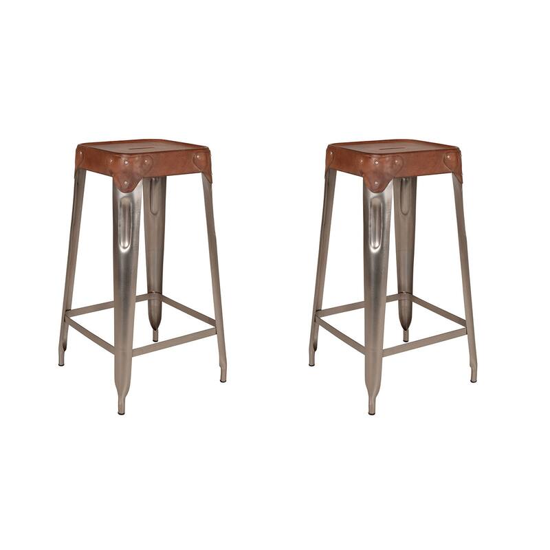 Bristol Leather Counter Stool by East at Main, Set of 2 - 14x14x27 - Set of 2 - Brown-Silver - Counter Height