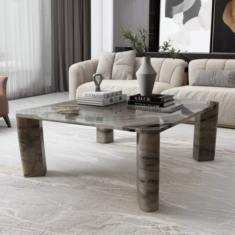 Marble Coffee Table Modern Square Rounded Corners - 17" Gray White - 40.0"
