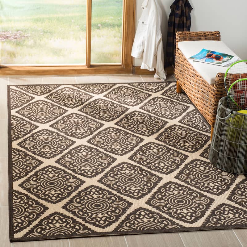 SAFAVIEH Linden Sharron Indoor/ Outdoor Waterproof Patio Backyard Rug - 9' x 12' - Creme/Brown