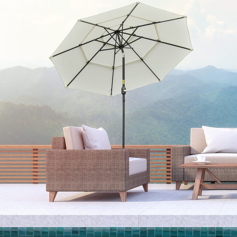Outsunny 9FT 3 Tiers Patio Umbrella Outdoor Market Umbrella with Crank, Push Button Tilt for Deck, Backyard and Lawn - Beige