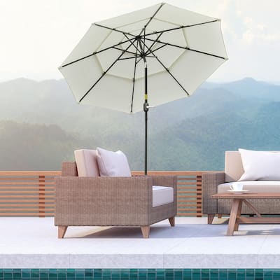 Outsunny 9FT 3 Tiers Patio Umbrella Outdoor Market Umbrella with Crank, Push Button Tilt for Deck, Backyard and Lawn