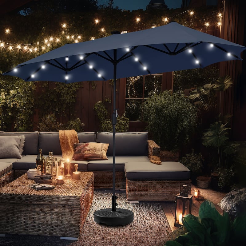 Ainfox 13ft Double-sided Patio Umbrella Solar LED Lighted Outdoor Martet Umbrella with Base