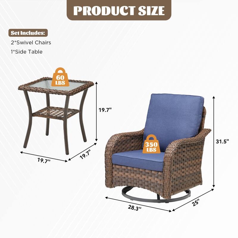 Cavira 3-Piece Brown Wicker Outdoor Patio Swivel Glider Chairs with Side Table
